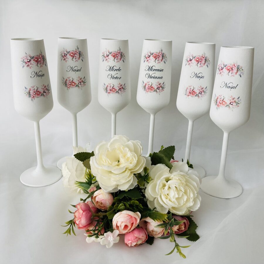 Set pahare nuntă ”Flori roz” 8 buc