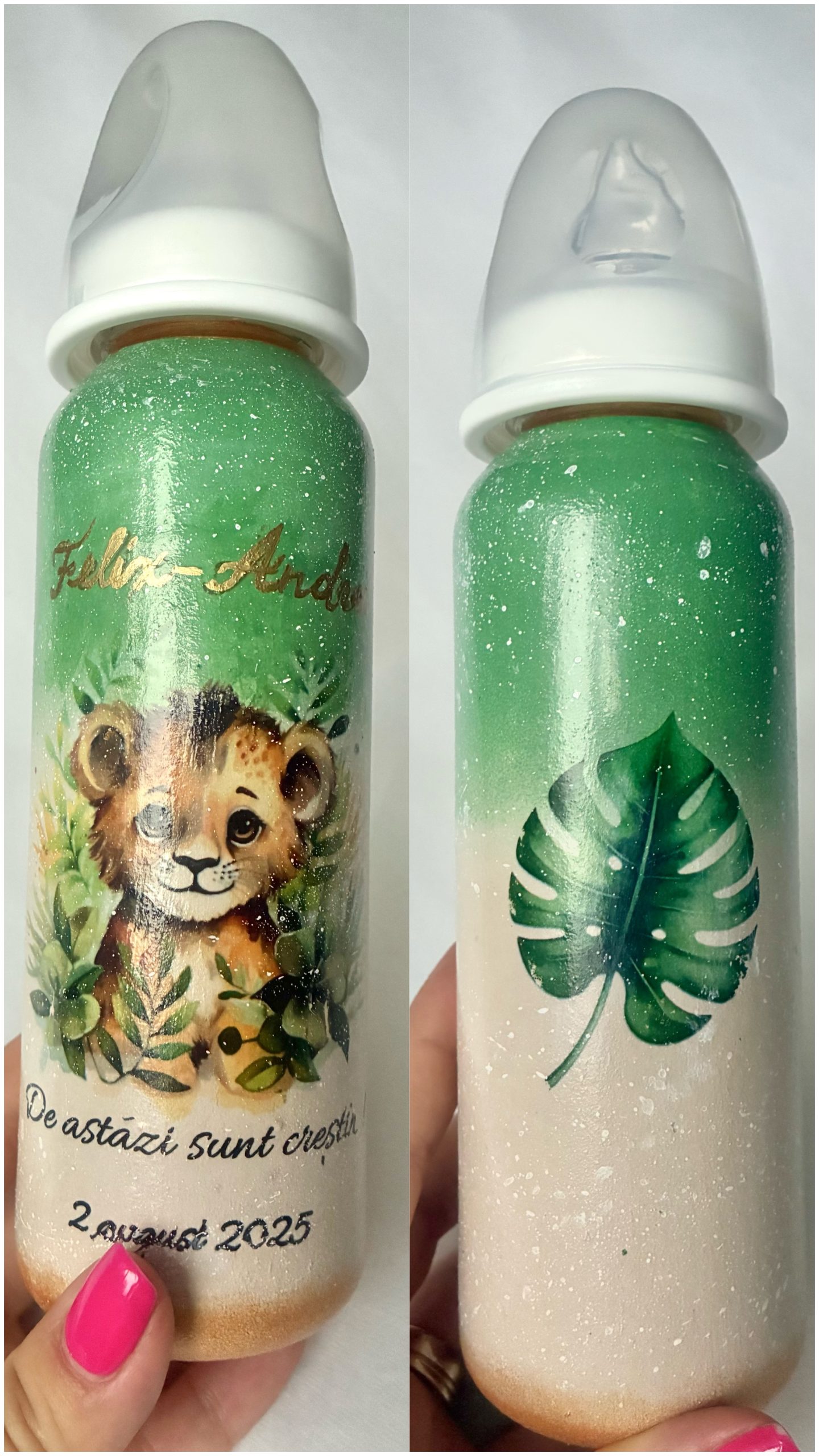 Biberon botez verde olive „Jungle”